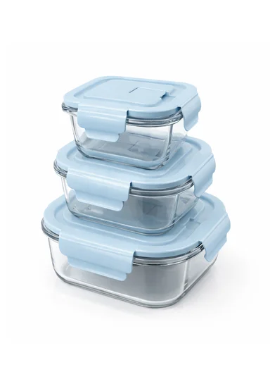 3Pcs Heat-Resistant Square Glass Food Storage Containers Set - Blue