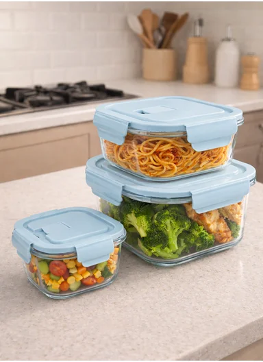 3Pcs Heat-Resistant Square Glass Food Storage Containers Set - Blue