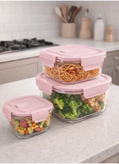 3Pcs Heat-Resistant Square Glass Food Storage Containers Set - Pink