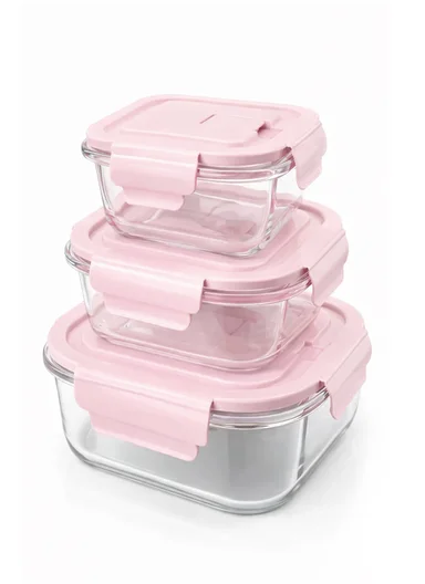 3Pcs Heat-Resistant Square Glass Food Storage Containers Set - Pink
