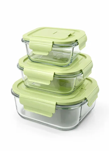 3Pcs Heat-Resistant Square Glass Food Storage Containers Set - Green