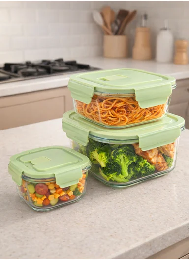 3Pcs Heat-Resistant Square Glass Food Storage Containers Set - Green