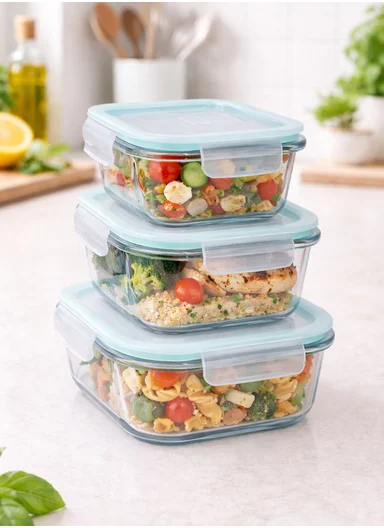 3Pcs Heat-Resistant Square Glass Food Storage Containers Set - Transparent