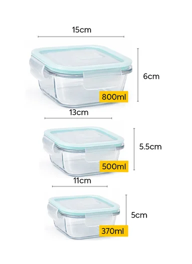 3Pcs Heat-Resistant Square Glass Food Storage Containers Set - Transparent