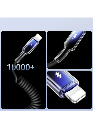 1.5m 60W Crystal-Clear Series 3A Coiled Fast Charging Data Cable (USB-A to Lightning) S-A43 - Black