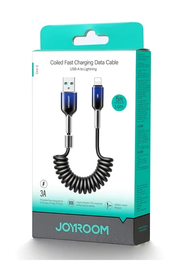 1.5m 60W Crystal-Clear Series 3A Coiled Fast Charging Data Cable (USB-A to Lightning) S-A43 - Black