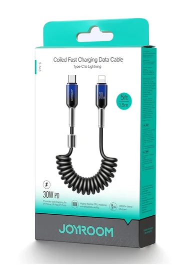 1.5m 30W Crystal-Clear Series Coiled Fast Charging Data Cable (Type-C to Lightning) S-A43 - Black