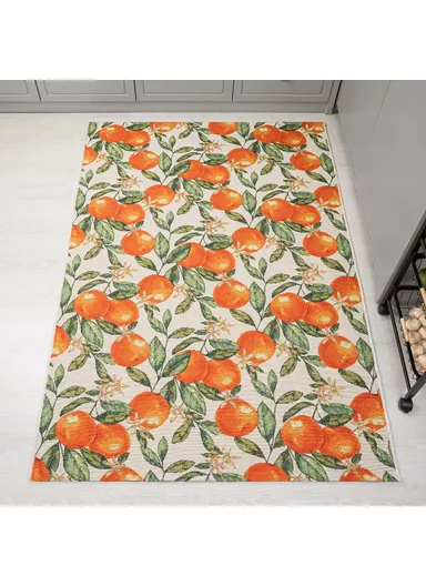 80 x 165 cm Tropical Mandarin Grove Indoor &amp; Outdoor Rectangular Kitchen Decor Carpet - Orange / White / Green