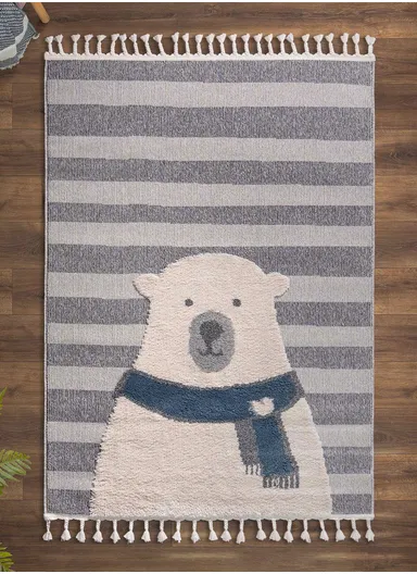 80 x 150 cm Cloud Striped Polar Bear Zymta Winter Carpet - Anthracite / Navy Blue / Cream / Grey
