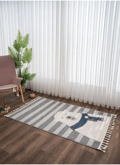 80 x 150 cm Cloud Striped Polar Bear Zymta Winter Carpet - Anthracite / Navy Blue / Cream / Grey