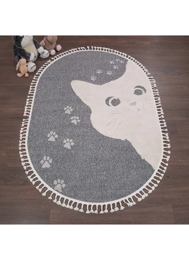 160 x 230 cm Cloud Curious Cat oval Zymta Winter Carpet - Grey / White