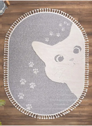 160 x 230 cm Cloud Curious Cat oval Zymta Winter Carpet - Grey / White