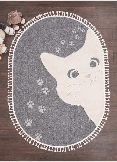 160 x 230 cm Cloud Curious Cat oval Zymta Winter Carpet - Grey / White