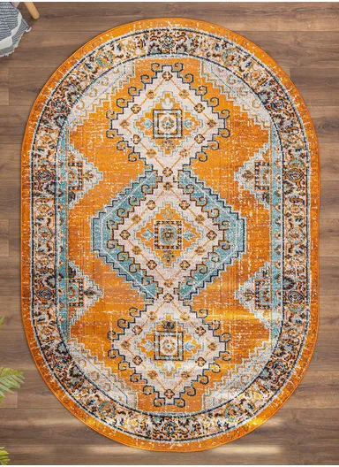 160 x 230 cm Art Glacier Threads Oval Zymta Winter Carpet - Orange / Blue / Navy Blue