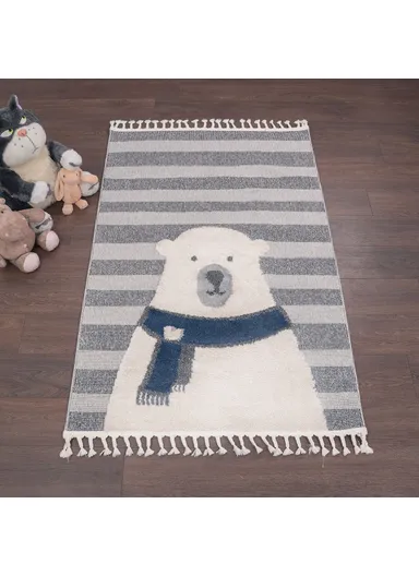 120 x 180 cm Cloud Striped Polar Bear Zymta Winter Carpet - Anthracite / Navy Blue / Cream / Grey
