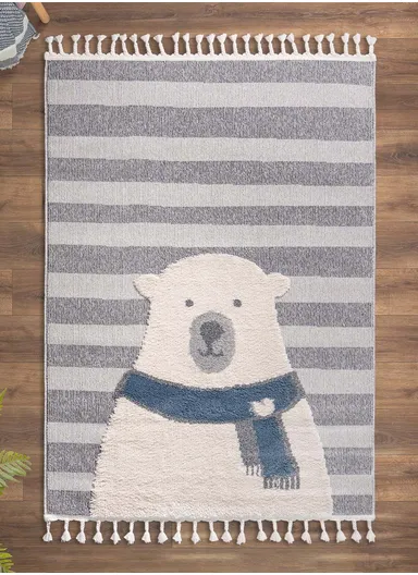 120 x 180 cm Cloud Striped Polar Bear Zymta Winter Carpet - Anthracite / Navy Blue / Cream / Grey