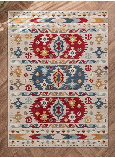 160 x 235 cm Mykonos Warm Echo Rectangular Winter Carpet - Beige / Cream / Navy Blue / Burgundy