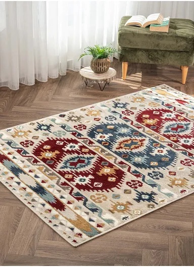 160 x 235 cm Mykonos Warm Echo Rectangular Winter Carpet - Beige / Cream / Navy Blue / Burgundy