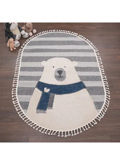 160 x 230 cm Cloud Striped Polar Bear Oval Zymta Winter Carpet - Anthracite / Navy Blue / Cream / Grey