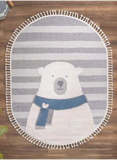 160 x 230 cm Cloud Striped Polar Bear Oval Zymta Winter Carpet - Anthracite / Navy Blue / Cream / Grey