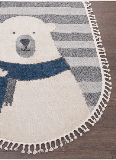 160 x 230 cm Cloud Striped Polar Bear Oval Zymta Winter Carpet - Anthracite / Navy Blue / Cream / Grey