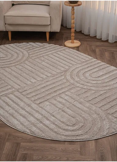160 x 230 cm Linea Cinnamon Grid Oval Winter Carpet - Beige