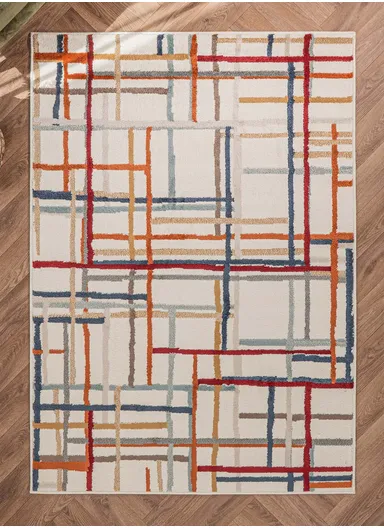 160 x 235 cm Mykonos Abstract Lines Rectangular Winter Carpet - Cream / Orange / Red
