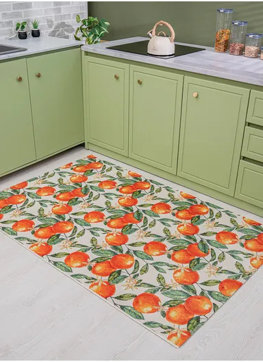200 x 285 cm Tropical Mandarin Grove Indoor &amp; Outdoor Rectangular Kitchen Decor Carpet - Orange / White / Green