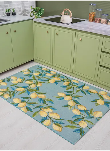 200 x 285 cm Tropical Lemon Branch Indoor &amp; Outdoor Rectangular Kitchen Decor Carpet - Blue / Green / Yellow