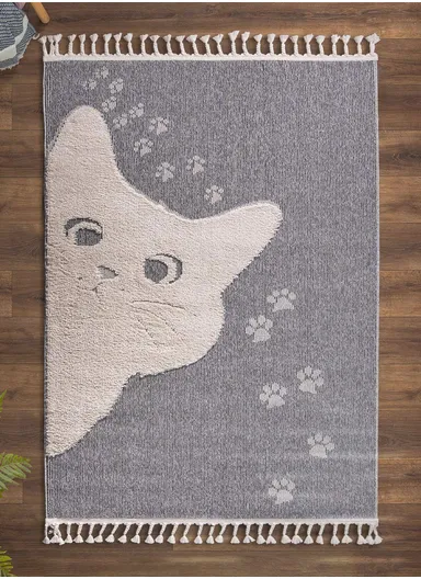 80 x 150 cm Cloud Curious Cat Zymta Winter Carpet - Grey / White
