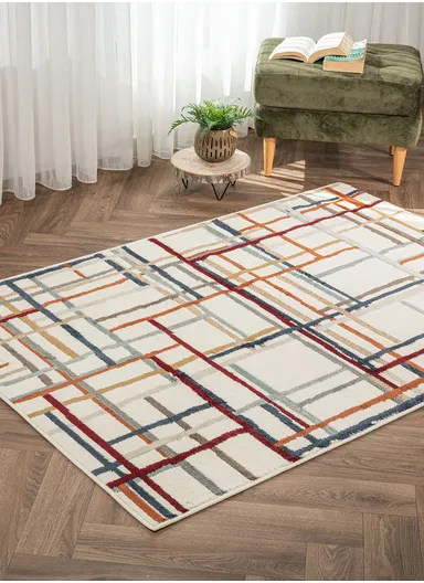 120 x 170 cm Mykonos Abstract Lines Rectangular Winter Carpet - Cream / Orange / Red