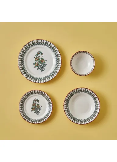 24 Pieces Indian Porcelain Dinner Set for 6 People - Claret Red / White / Green