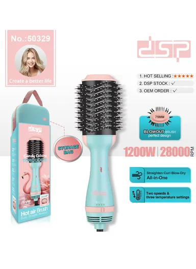 1200W 2-in-1 Professional Hot Air Brush, 2-Speed 3-Temperature Styling &amp; Drying Brush WITH STORAGE BAG 50332 - Blue &amp; Pink