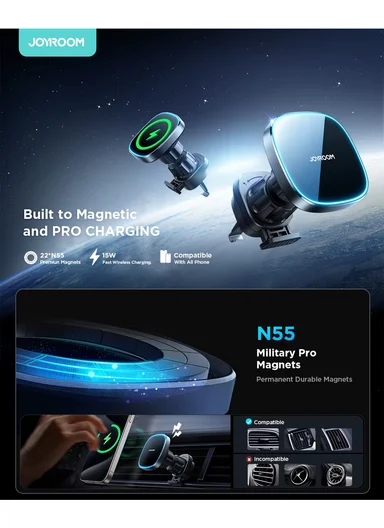 360° 15W Magnetic Car Dashboard Mount Charger Wireless Car Charger Hands Free Air Vent Magnetic Phone Holder JR-ZS388 - Black