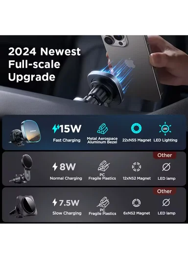 360° 15W Magnetic Car Dashboard Mount Charger Wireless Car Charger Hands Free Air Vent Magnetic Phone Holder JR-ZS388 - Black