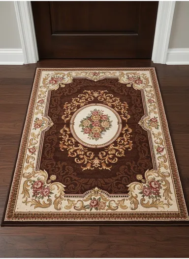 80x120cm Classic Polyester Carpet with Floral Medallion Design - Brown