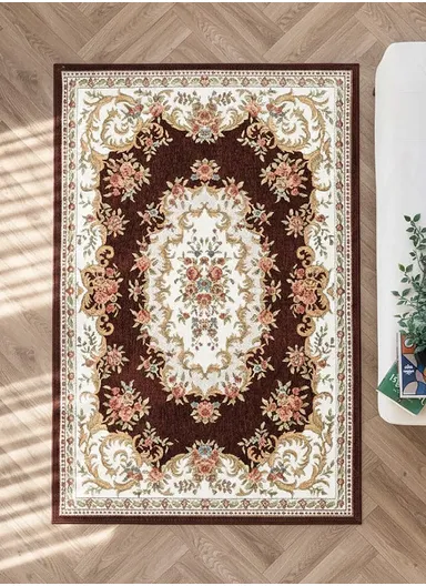 80x120cm Classic Polyester Carpet with Floral Medallion Design - Brown
