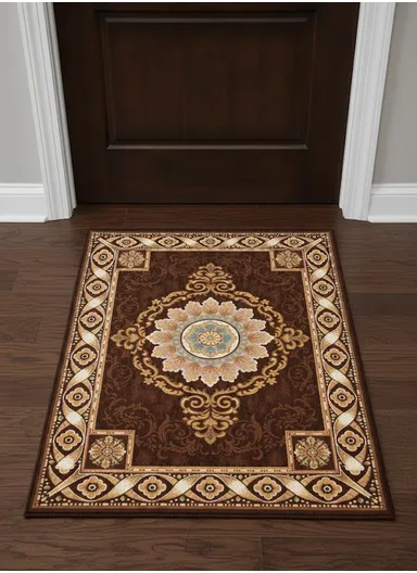 80x120cm Classic Polyester Carpet with Floral Medallion Design - Brown