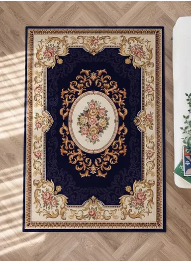 80x120cm Classic Polyester Carpet with Floral Medallion Design - Navy Blue