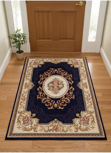 80x120cm Classic Polyester Carpet with Floral Medallion Design - Navy Blue
