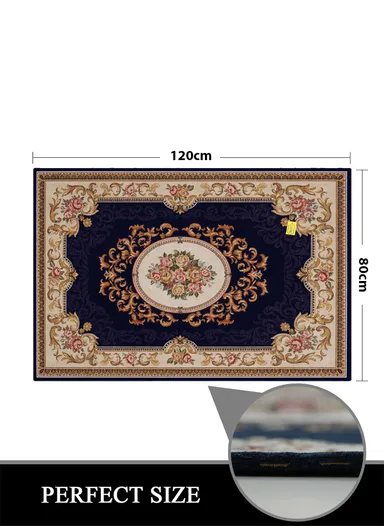 80x120cm Classic Polyester Carpet with Floral Medallion Design - Navy Blue
