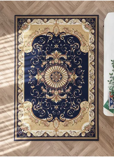 80x120cm Classic Polyester Carpet with Floral Medallion Design - Navy Blue
