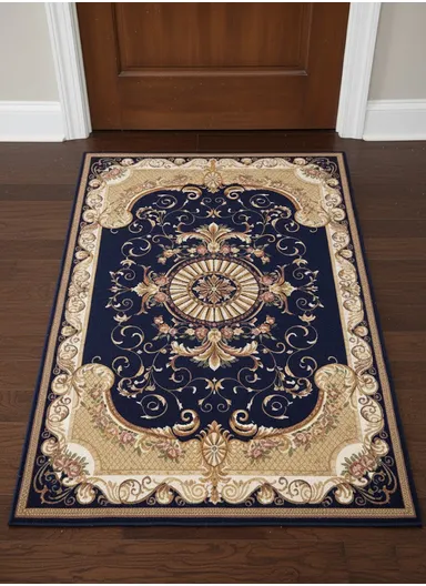 80x120cm Classic Polyester Carpet with Floral Medallion Design - Navy Blue