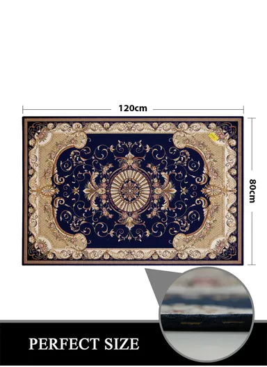 80x120cm Classic Polyester Carpet with Floral Medallion Design - Navy Blue