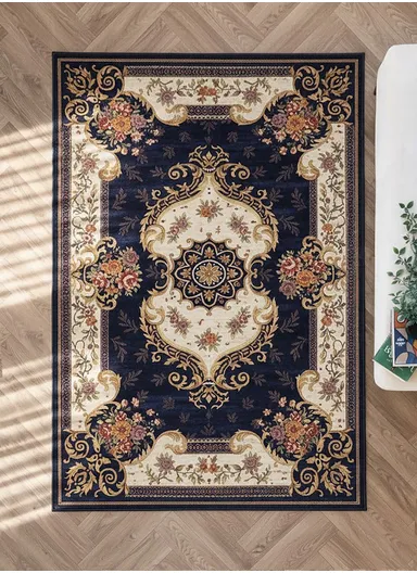 80x120cm Classic Polyester Carpet with Floral Medallion Design - Navy Blue