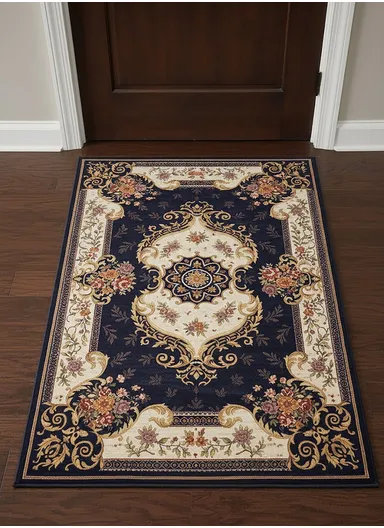 80x120cm Classic Polyester Carpet with Floral Medallion Design - Navy Blue