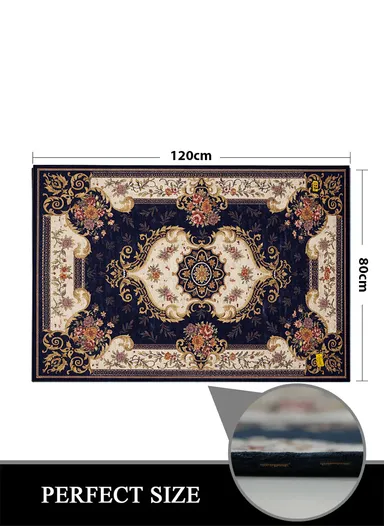 80x120cm Classic Polyester Carpet with Floral Medallion Design - Navy Blue