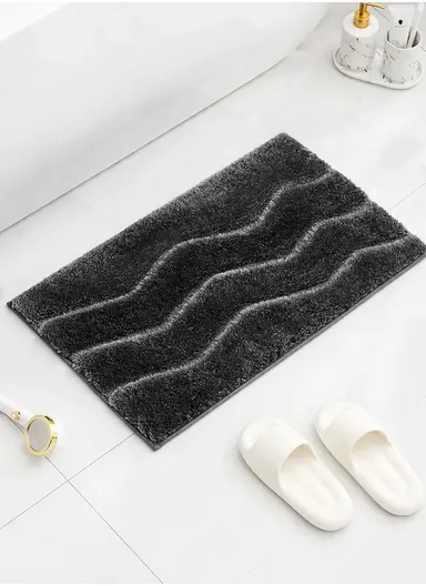 60x40cm Soft Plush Bathroom Mat, Wave Pattern &amp; Anti-Slip Base - Dark Grey