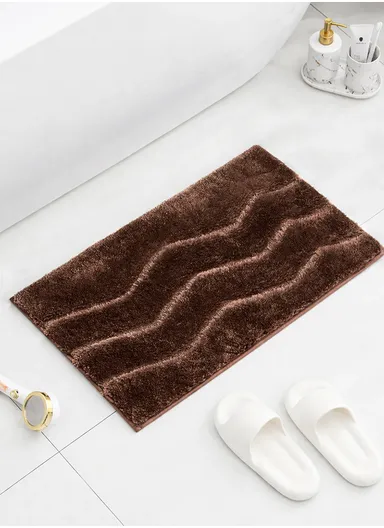 60x40cm Soft Plush Bathroom Mat, Wave Pattern &amp; Anti-Slip Base - Brown
