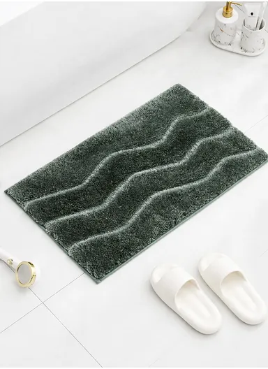 60x40cm Soft Plush Bathroom Mat, Wave Pattern &amp; Anti-Slip Base - Mint Green